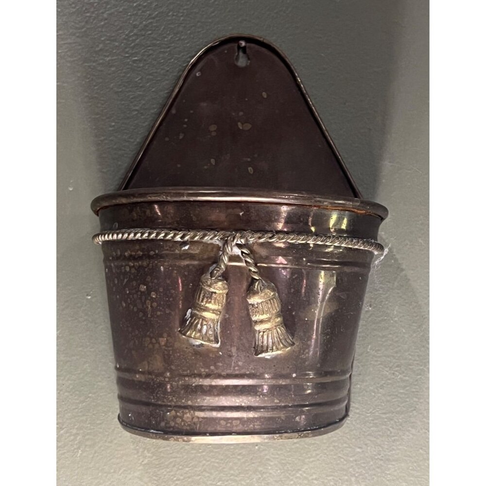 Vintage Brass Wall-Mounted Bucket Plant Sconce With Decorative Tassel Accents